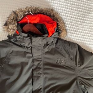 North Face, Bomber Jacket, XL, Olive Green/Orange, Removable Faux Fur Collar